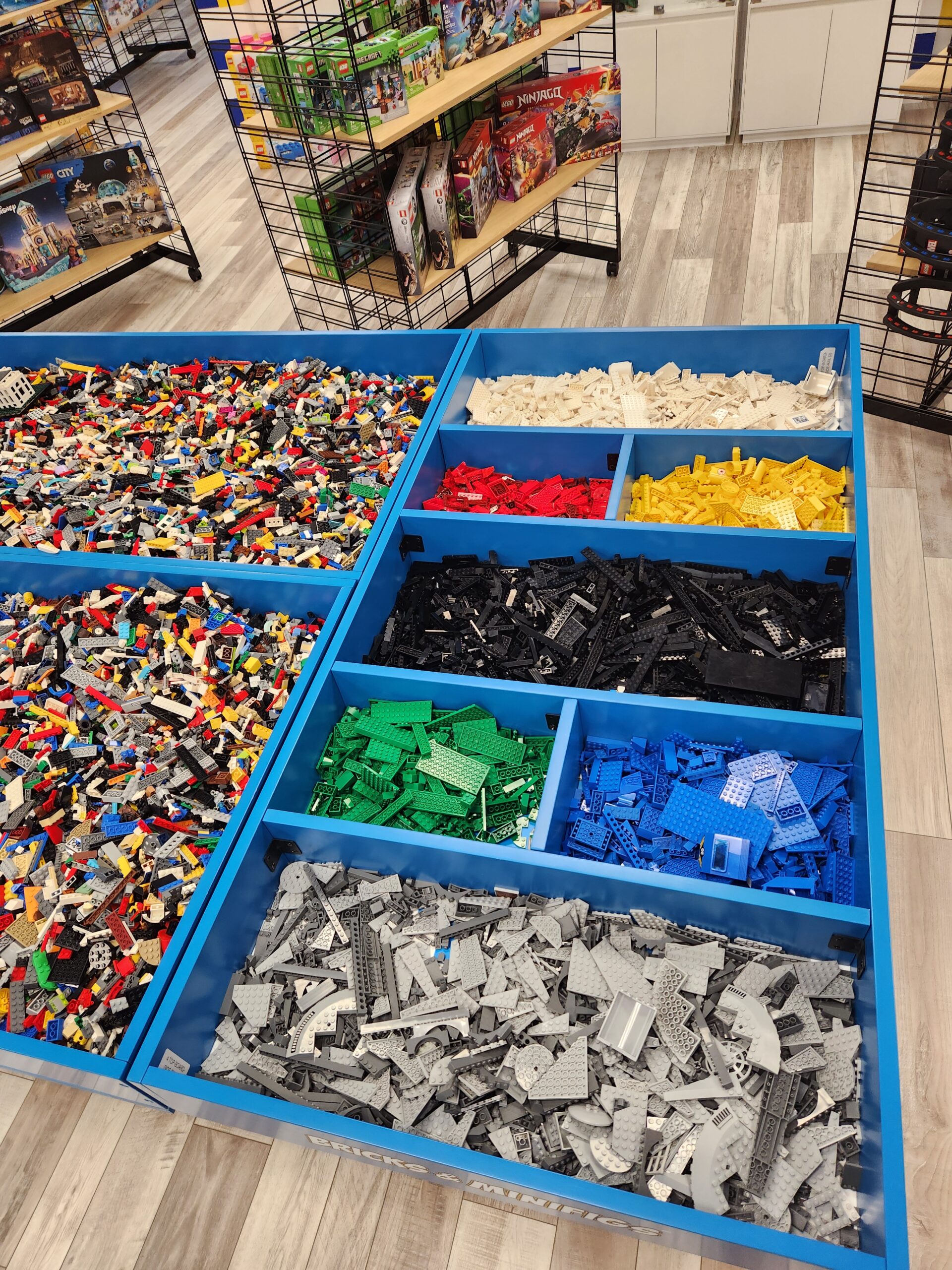 bins of Lego® pieces at Bricks and Minifigs store