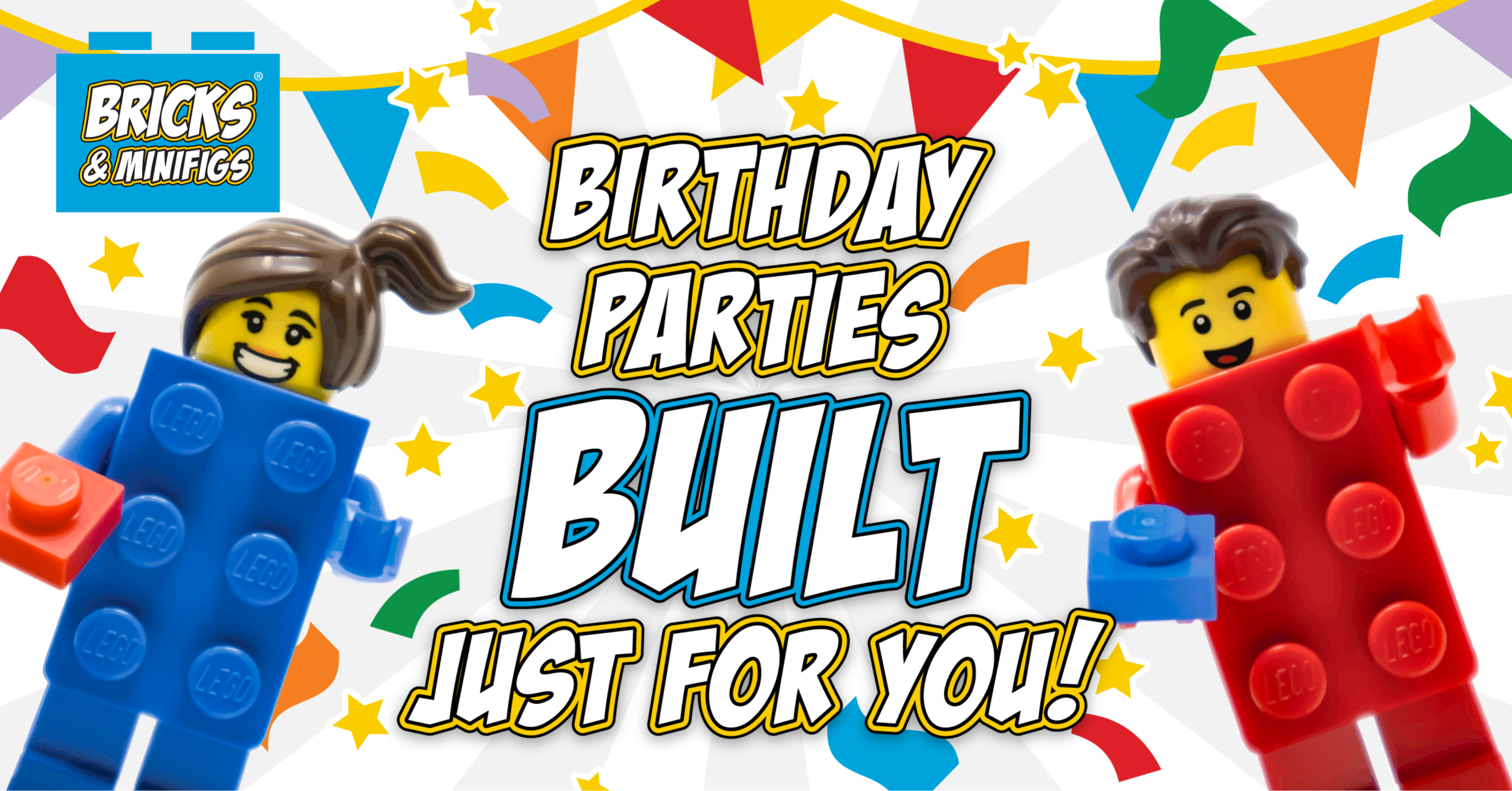 two lego minifigures smiling at a birthday party