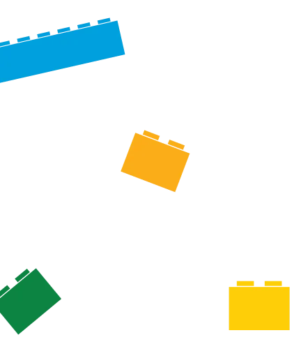 Illustration of colorful building bricks, including blue, green, and yellow pieces, scattered on a black background