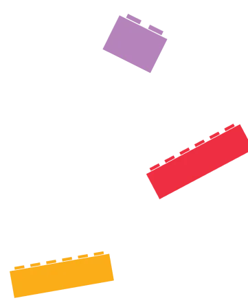 Illustration of colorful building bricks, including blue, green, and yellow pieces, scattered on a black background