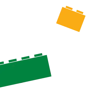 Illustration of two colorful building bricks, one green and one orange, scattered against a transparent or blank background