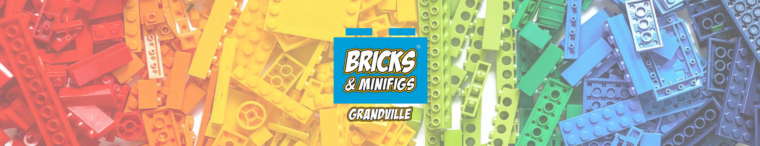 Bricks & Minifigs Grandville logo on rainbow Lego brick background