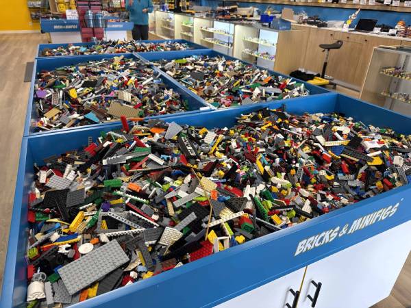 bins of Lego® pieces at Bricks and Minifigs store