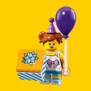 Image of a LEGO® minifig kid holding a balloon and a birthday present