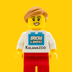 Image of a female LEGO® minifig wearing a custom Bricks & Minifigs Kalamazoo printed torso