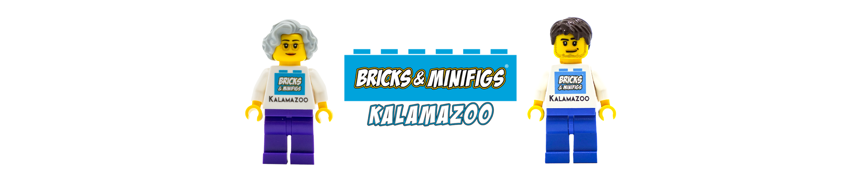 Image of two custom LEGO® Minifigs wearing Bricks & Minifigs Kalamazoo torsos