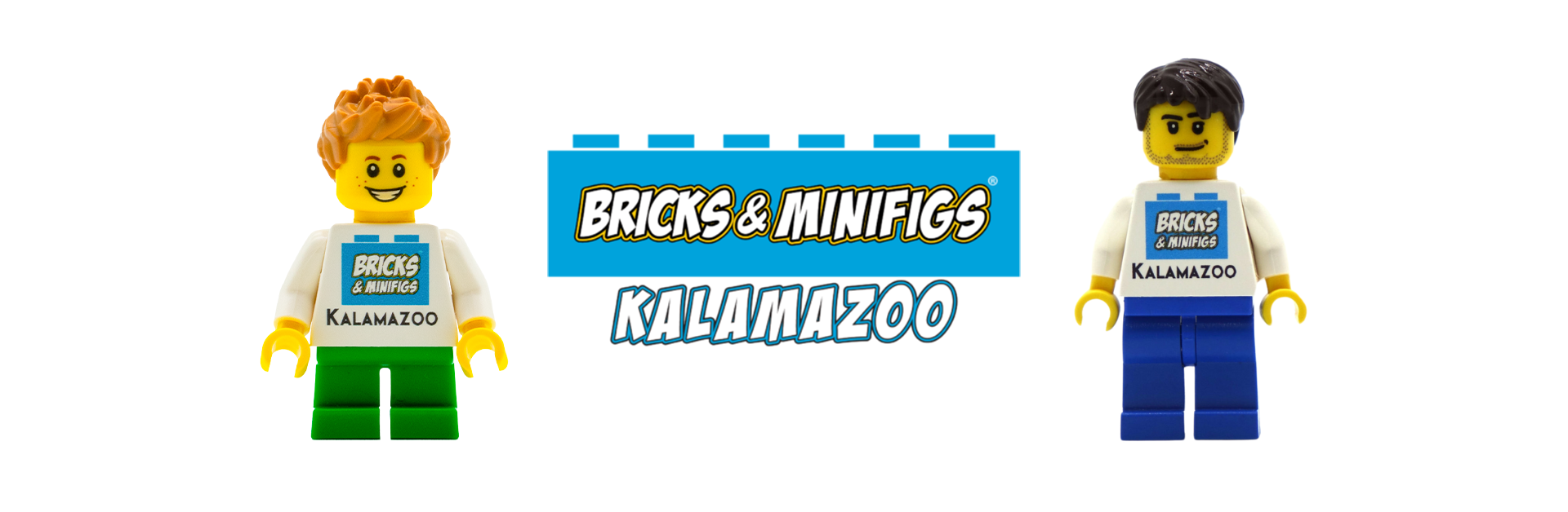 Image of two custom LEGO® Minifigs wearing Bricks & Minifigs Kalamazoo torsos