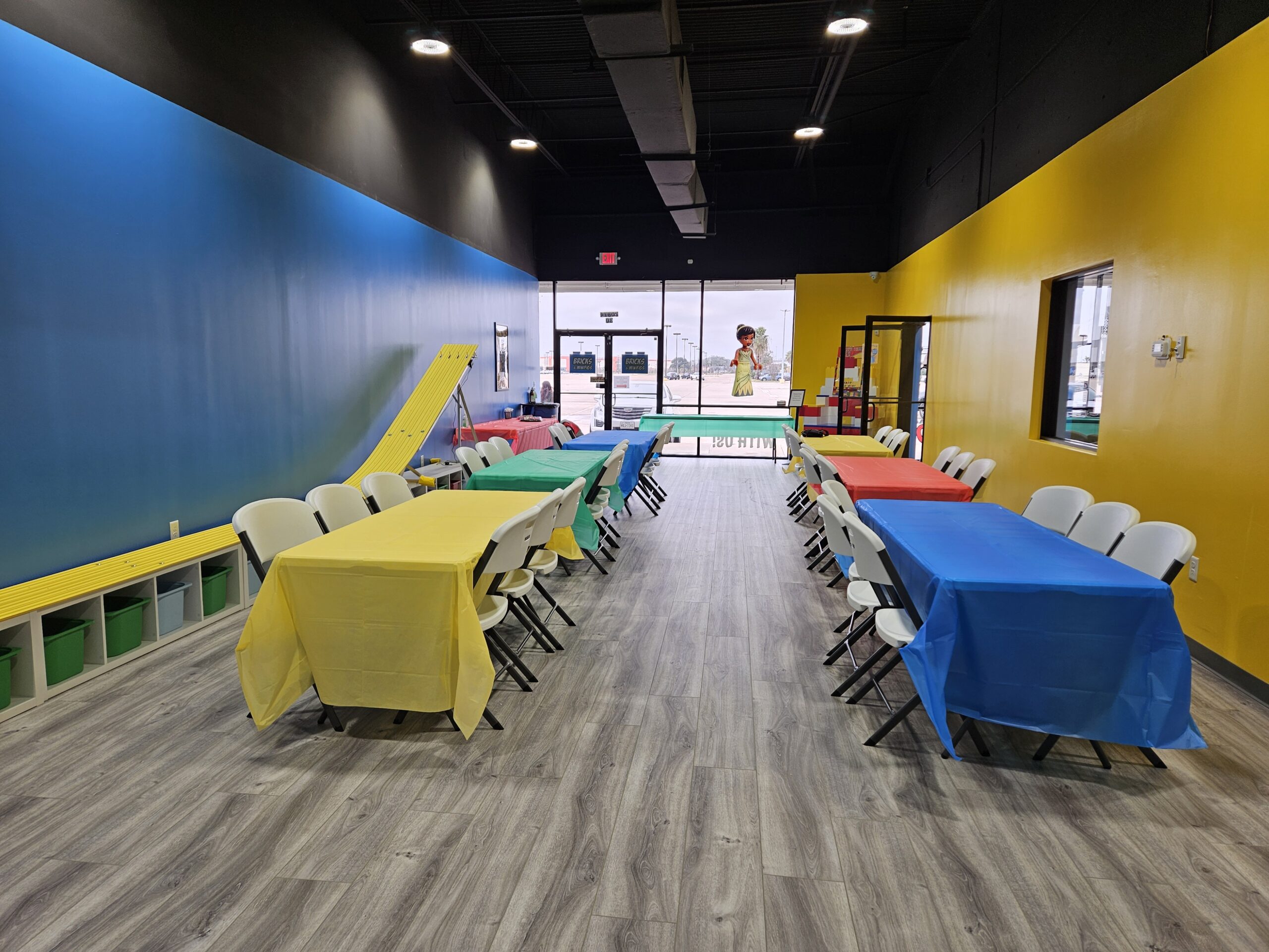 birthday party room with toys and party decorations