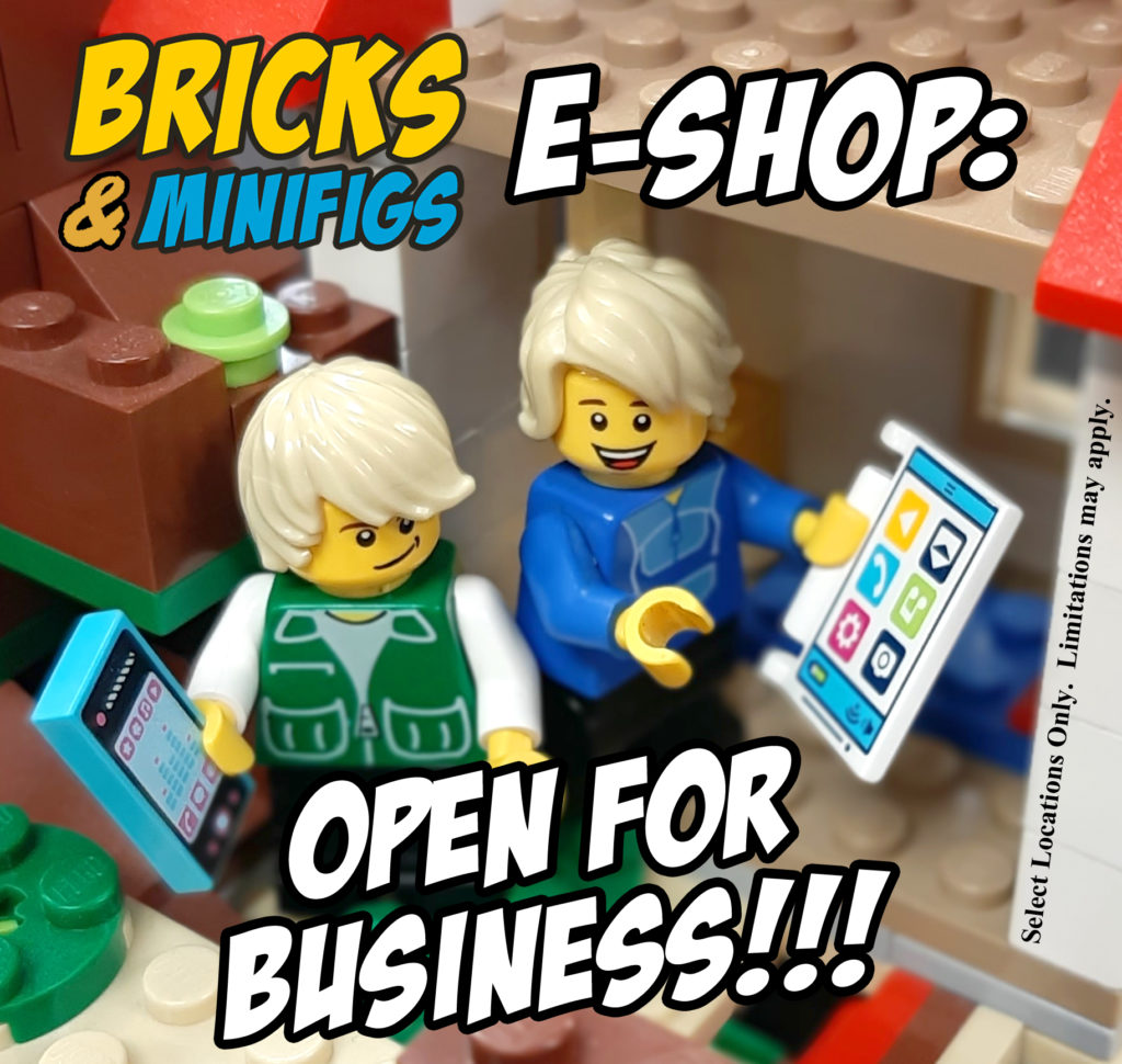 Photo of two LEGO minifigures holding a cell phone and tablet to shop online. Text reads Bricks & Minifigs E-Shop: Open for Business!!!