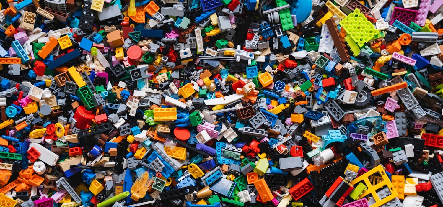 closeup of bin of Lego® pieces