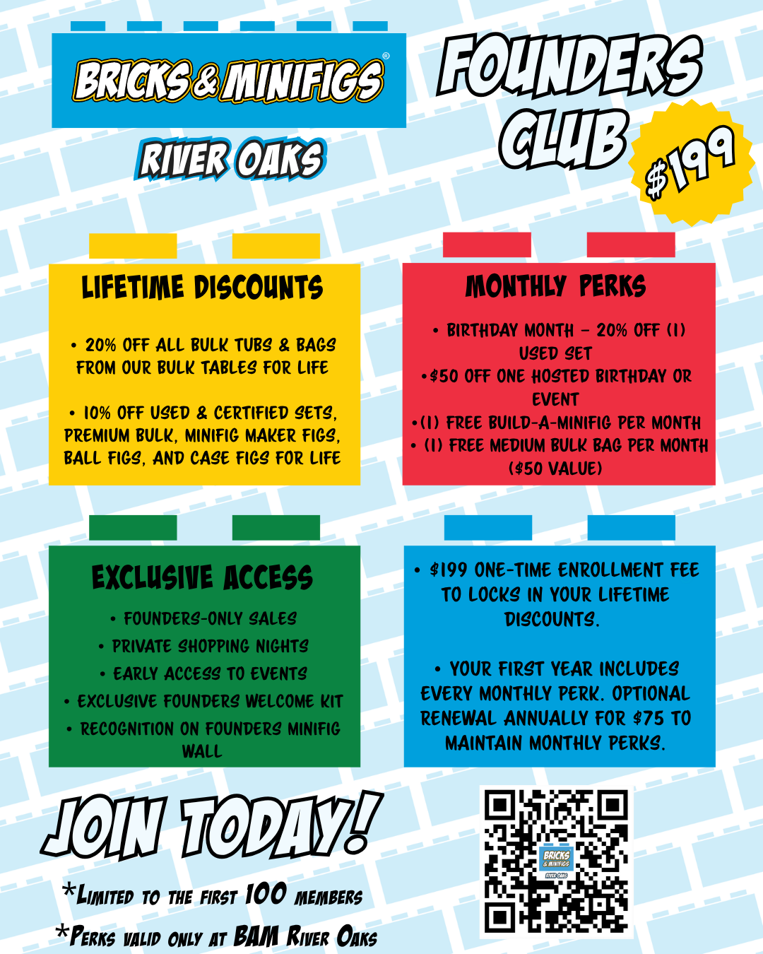 Bricks & Minifigs River Oaks Houston Founders Club membership benefits, early access rewards, and exclusive LEGO perks