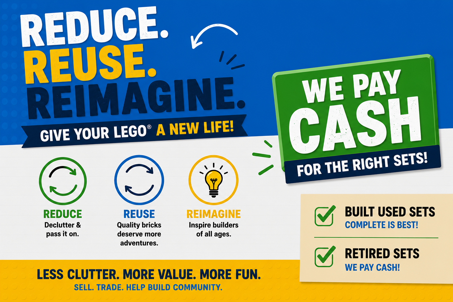 Bricks & Minifigs Schaumburg, IL banner promoting cash paid for built used LEGO® sets and retired LEGO® sets with Reduce Reuse Reimagine.