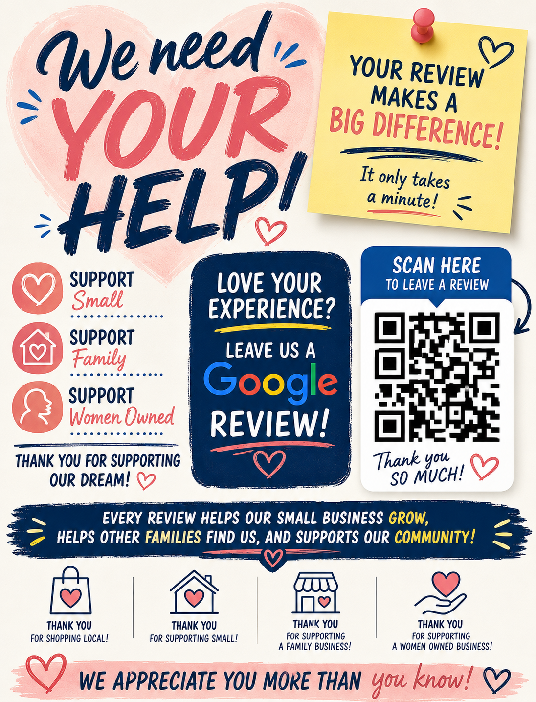 Google review request graphic for Bricks and Minifigs Schaumburg supporting a small family women-owned business