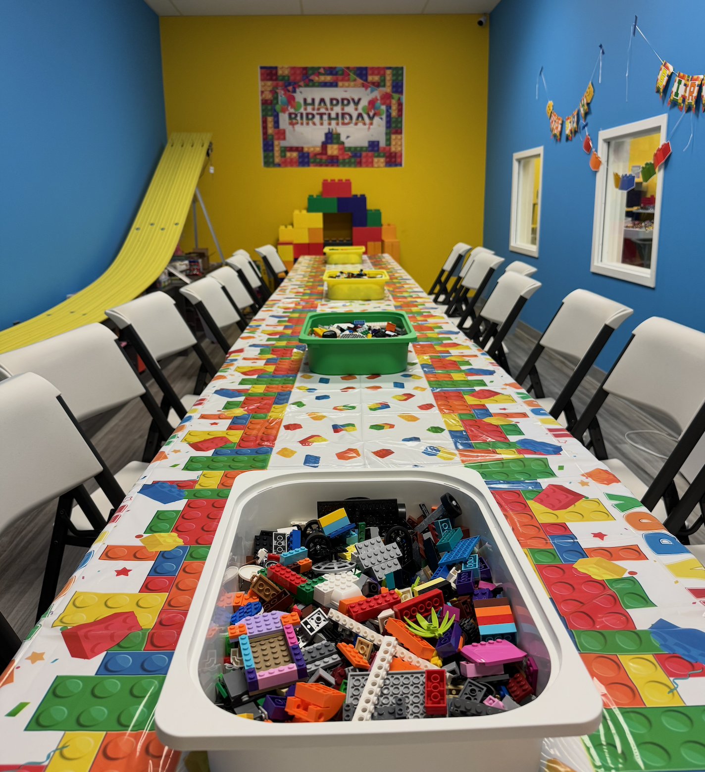 Party Room decorated with Lego Bricks and a race track