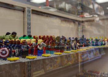 Shelf full of LEGO pieces inventory in a Bricks & Minifigs LEGO Toy Store