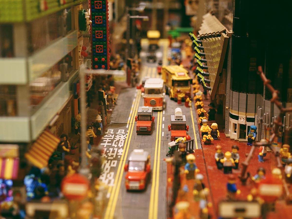 Close up view of Asian city all built out of LEGOs.