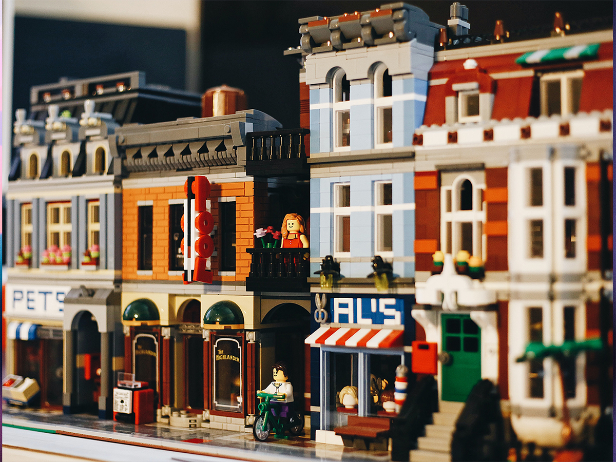 Multi-colored buildings created with LEGOs.