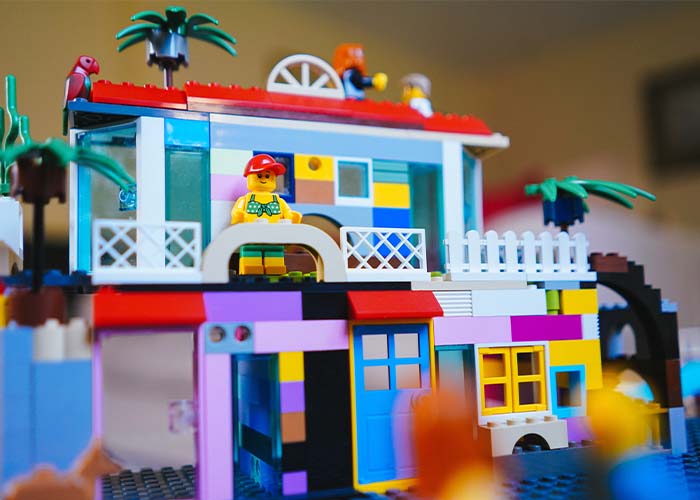 LEGO Miami Beach house scene.