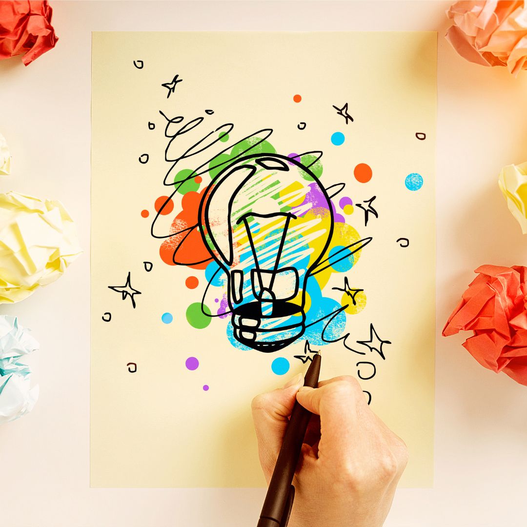 A drawing of a light bulb with a colorful background
