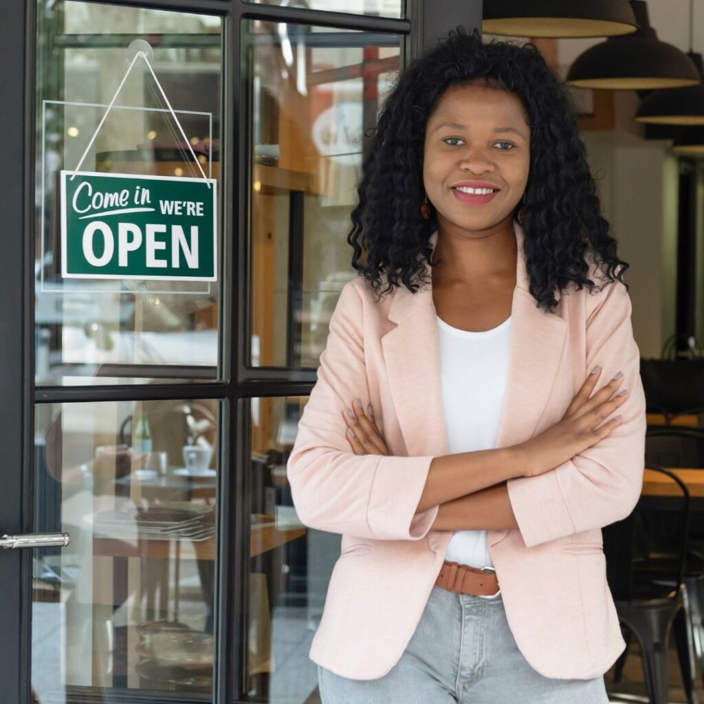 woman smiling next to open sign