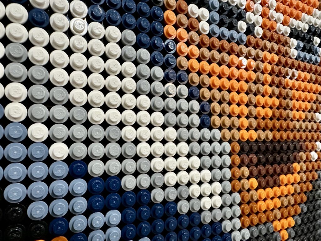 A mural made of blue, grey, white, black, and orange LEGO studs depicted the character Ahsoka Tano.